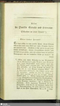 Ueber die Deutsche Sprache und Litteratur. Schreiben an einen Freund