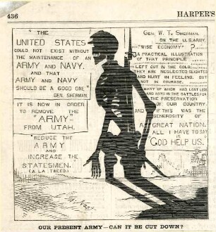 Our present army - can it be cut down? : der Schatten des Skeletts eines Soldaten fällt auf eine Wand. [In der Zeichnung befinden sich mehrere Textblöcke]