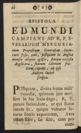 Epistola Edmundi Campiani Ad R. P. Everardum Mercurianum ...
