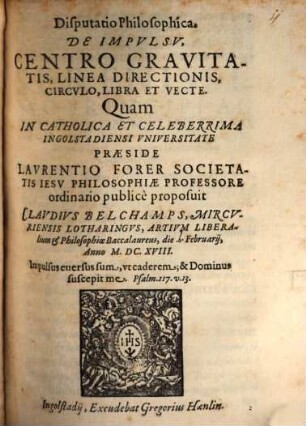 Disputatio Philosophica, De Impvlsv, Centro Gravitatis, Linea Directionis, Circvlo, Libra Et Vecte