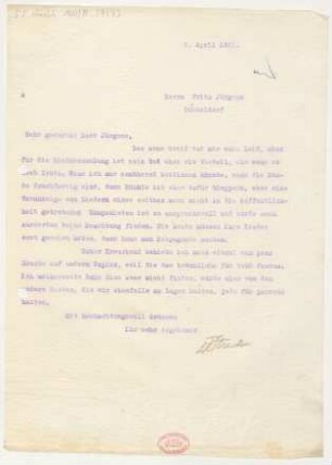 Brief an Fritz Jürgens : 05.04.1911
