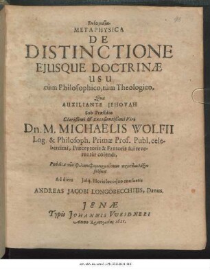 Skemmata Metaphysica De Distinctione Eiusque Doctrinae Usu cum Philosophico, tum Theologico