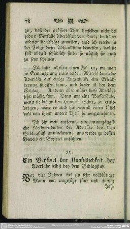52. Ein Beyspiel der Unnützlichkeit der Aderläße selbst bey dem Schlagfluß
