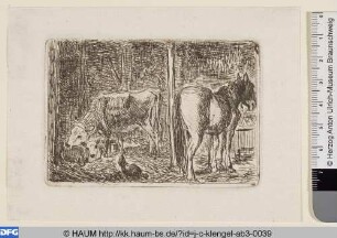 Pferd, Kuh, Huhn und Kalb im Stall