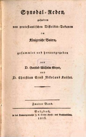 Synodal-Reden gehalten von protestantischen Distrikts-Dekanen im Königreich Baiern, 2