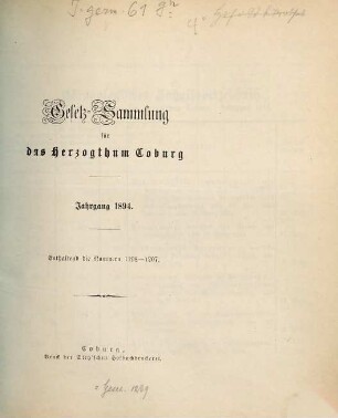 Gesetz-Sammlung für das Herzogtum Coburg. 1894 = Nr. 1198 - 1207