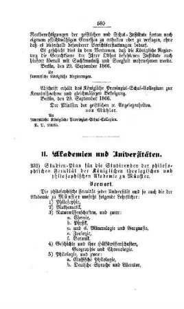 Studien-Plan für die Studirenden der philosophischen Facultät der Königlichen theologischen und philosophischen Akademie zu Münster : [II. Akademien und Universitäten]