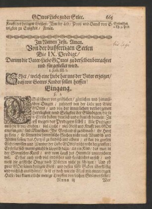 Von der bußfertigen Seelen Die IX. Predigt/ Darinn die Vater-Liebe Gottes zu derselben betrachtet und fürgestellet wird. 1. Joh. III. 1.