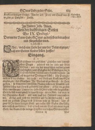 Von der bußfertigen Seelen Die IX. Predigt/ Darinn die Vater-Liebe Gottes zu derselben betrachtet und fürgestellet wird. 1. Joh. III. 1.