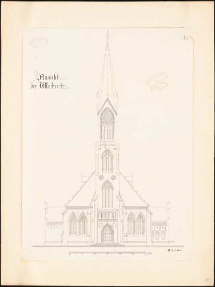 Kirche mit 412 Sitzplätzen: Aufriss von Westen