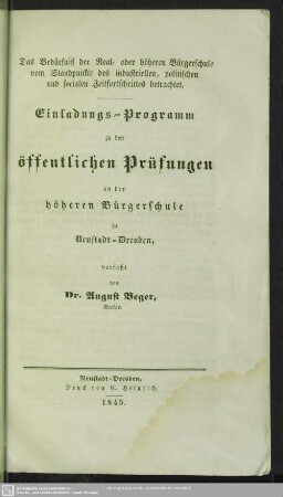 1844/45: Einladungs-Programm zu den öffentlichen Prüfungen an der Höheren Bürgerschule zu Neustadt-Dresden
