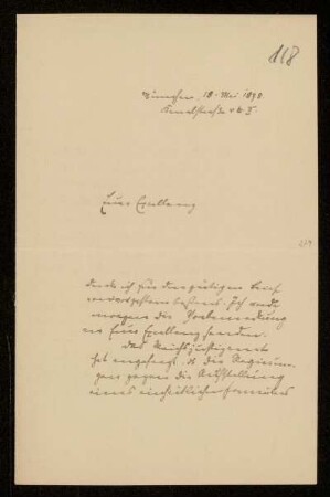 118: Brief von Karl von Unzer an Gottlieb Planck, München, 18.5.1898