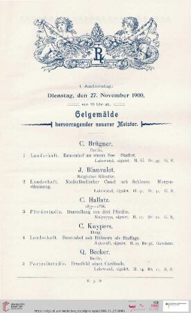 I. Auctionstag: Dienstag, den 27. November 1900 (Nr. 1 - 130)