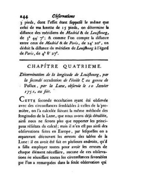 Détermination de la Longitude de Louisbourg, par une seconde occultation de lÂ?étoile au genou de Pollux par la Lune.