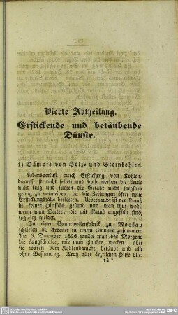 Vierte Abtheilung. Erstickende und betäubende Dünste