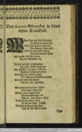 Des Autoris Gedancken in seiner letzten Kranckheit