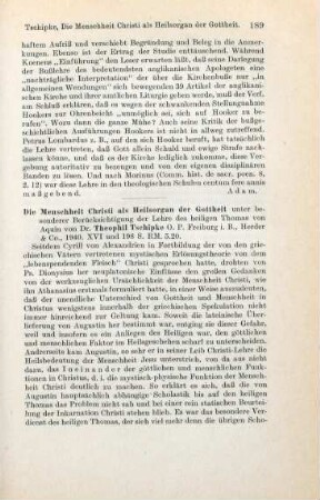 189-191 [Rezension] Tschipke, Theophil, Die Menschheit Christi als Heilsorgan der Gottheit