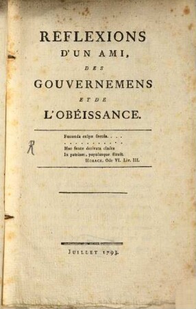 Réflexions d'un ami des Gouvernemens et de l'Obeissance