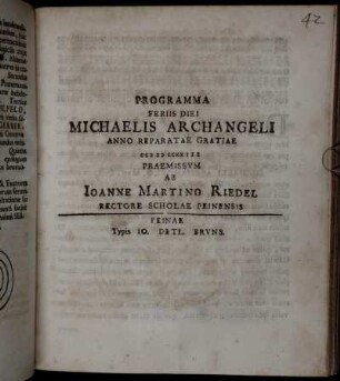 Programma Feriis Diei Michaelis Archangeli Anno Reparatae Gratiae MDCCXXIII
