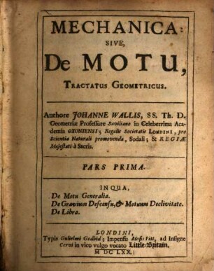 Mechanica: Sive, De Motu, Tractatus Geometricus