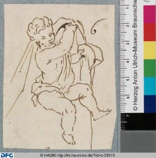Sitzender Putto mit Draperie nach rechts gewandt
