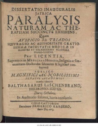 Dissertatio Inauguralis Iatrica Paralysis Naturam Ac Therapeiam Succincte Exhibens