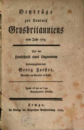 Beyträge zur Kentniß Grosbritanniens vom Jahr 1779.
