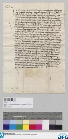 Conrat von Riethain, Ritter, Georig und Hanns von Riethain von Binßhart, Gebrüder, und Wernher Roßhoupter versprechen auf dem von Hanns Ainkueren Bürgermeister zu Nördlingen verabredeten Tage sowohl selbst zu erscheinen, als auch den Vertretern Nürnbergs, mit welcher Stadt sie in Fehde stehen, freies Geleit zu gewähren. - Siegler: Georig und Hanns von Riethain.