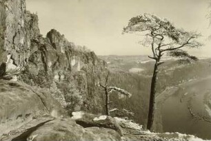 Sächsische Schweiz. Blick von der Rahmhanke mit der Bastei elbaufwärts