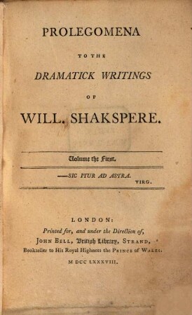 Bell's edition of Shakspere's works, 0. [Verlagsinformation zur Edition]