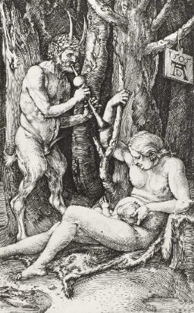 Die Satyrfamilie : Dürer, Albrecht: Die Satyrfamilie. 1505. Kupferstich; 11,5 x 7 cm. Grafik, unterschiedl. Grad der Abnutzung der gleichen Platte, Restaurierung. Dresden: Kupferstich-Kabinett 1902-37