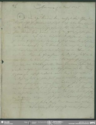 Eigenh. Brief mit Nachschrift von Julie Schlegel von Johann Carl Fürchtegott Schlegel an August Wilhelm von Schlegel, Hannover, 13.11.1796
