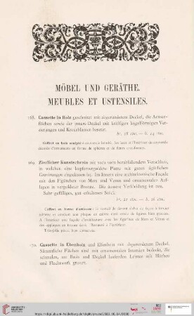 Möbel und Geräthe. Meubles et Ustensiles (Nr. 168 - 184)