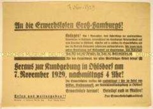 Aufruf und Einladung des Erwerbslosenausschusses zur Kundgebung der Hamburger Arbeiterschaft und Arbeitslosen anlässlich des 7. Jahrestags der Oktoberrevolution auf dem Friedhof in Ohlsdorf