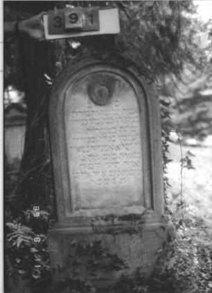 Grabstein 391 (Index: 99799648) Material: Sandstein Zustand: verwittert, Mittelaufsatz fehlt Maße HxBxT: 140x51x15 cm Beschreibung: Stele, Rundbogenabschluß, Mittelerhöhung, Mittelaufsatz fehlt, Schriftfeld eingetieft, Sockel Symbolik: Kranz: Grabstein 391