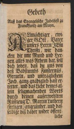Gebeth Auff das Evangelische Jubelfest zu Franckfurth am Mayn.