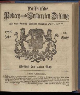 22. Stueck, Montag den 24ten May 1756