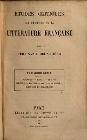 Études critiques sur l'histoire de la littérature française, III