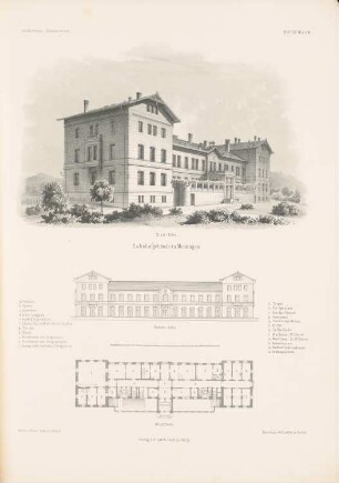 Bahnhofsgebäude, Meiningen: Grundriss, Perspektivische Ansicht von der Stadtseite, Ansicht von der Perronseite (aus: Architektonisches Skizzenbuch, H. 54/1, 1862)