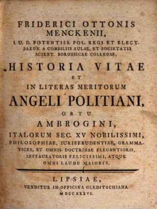Historia vitae et in literas meritorum Angeli Politiani