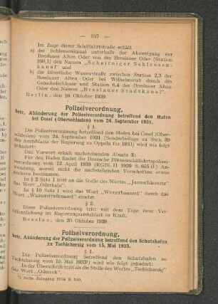 Polizeiverordnung, betr. Abänderung der Polizeiverordnung betreffend den Schutzhafen zu Tschicherzig vom 15. Mai 1933. § 1.