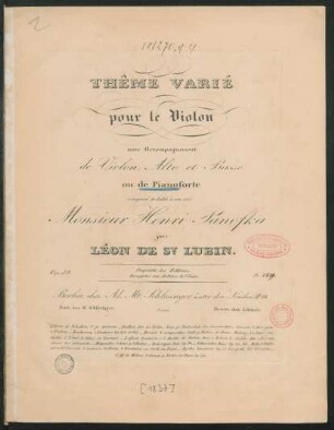 Thême Varié pour le Violon avec Accompagnement de Violon, Alto et Basse ou de Pianoforte : Op. 39.