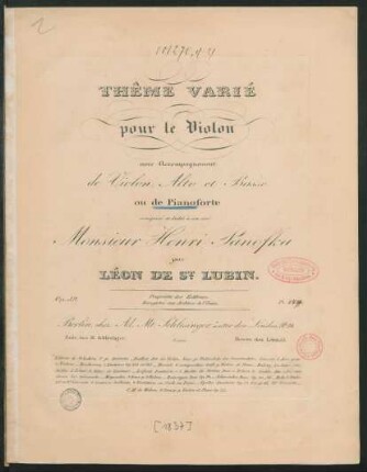 Thême Varié pour le Violon avec Accompagnement de Violon, Alto et Basse ou de Pianoforte : Op. 39.