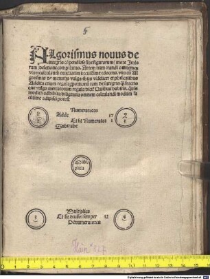 Algorismus novus de integris, de minutiis vulgaribus et physicalibus
