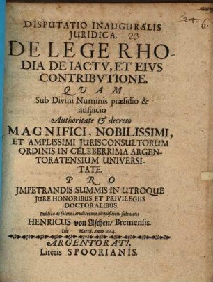 Disp. inaug. jur. de lege Rhodia de iactv et eivs contribvtione