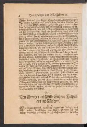 Tit. I. Von Grentzen und Wild-Fuhren, Holtzungen und Wäldern.