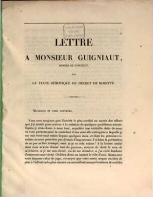 Lettre à Monsieur Guigniaut, sur le texte démotique du décret de Rosette
