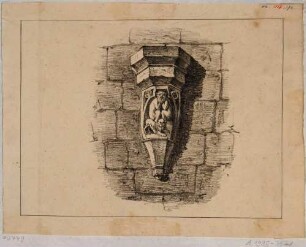 Darstellung eines ehemaligen Brückenmännchens mit Löwen an der Elbbrücke (alte Augustusbrücke, wahrscheinlich noch vor Umbau Pöppelmanns 1727-31) in Dresden