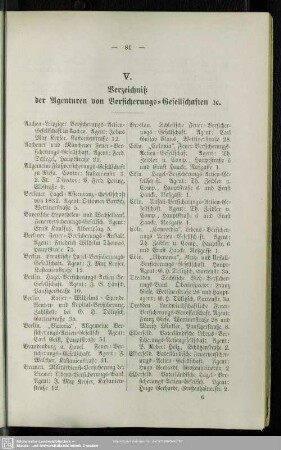 V. Verzeichniß der Agenturen von Versicherungs-Gesellschaften etc.