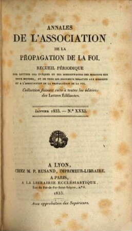 Annales de l'Association de la Propagation de la Foi : recueil périodique de l'Association de la Propagation de la Foi. 6. 1833